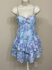 Wild Fable Damen Minikleid blau Blumenmuster Herzausschnitt ärmellos Gr. XS - Bild 1 von 12