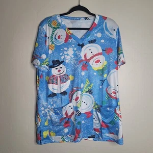 Snowman Scrub Top 2XL Cotton Polyester Two Pockets V Neck - Picture 1 of 4