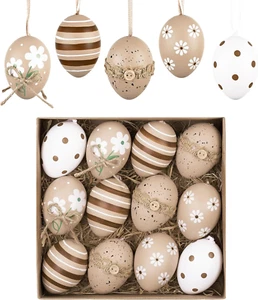 12Pcs Plastic Easter Eggs Ornaments Tree Decoration, 2'' Beige White Easter Eggs - Picture 1 of 12