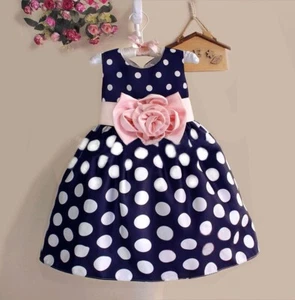 Summer Kids Girls Sleeveless Polka Dot Floral Waist Dress O-Neck Bubble Gowns  - Picture 1 of 12