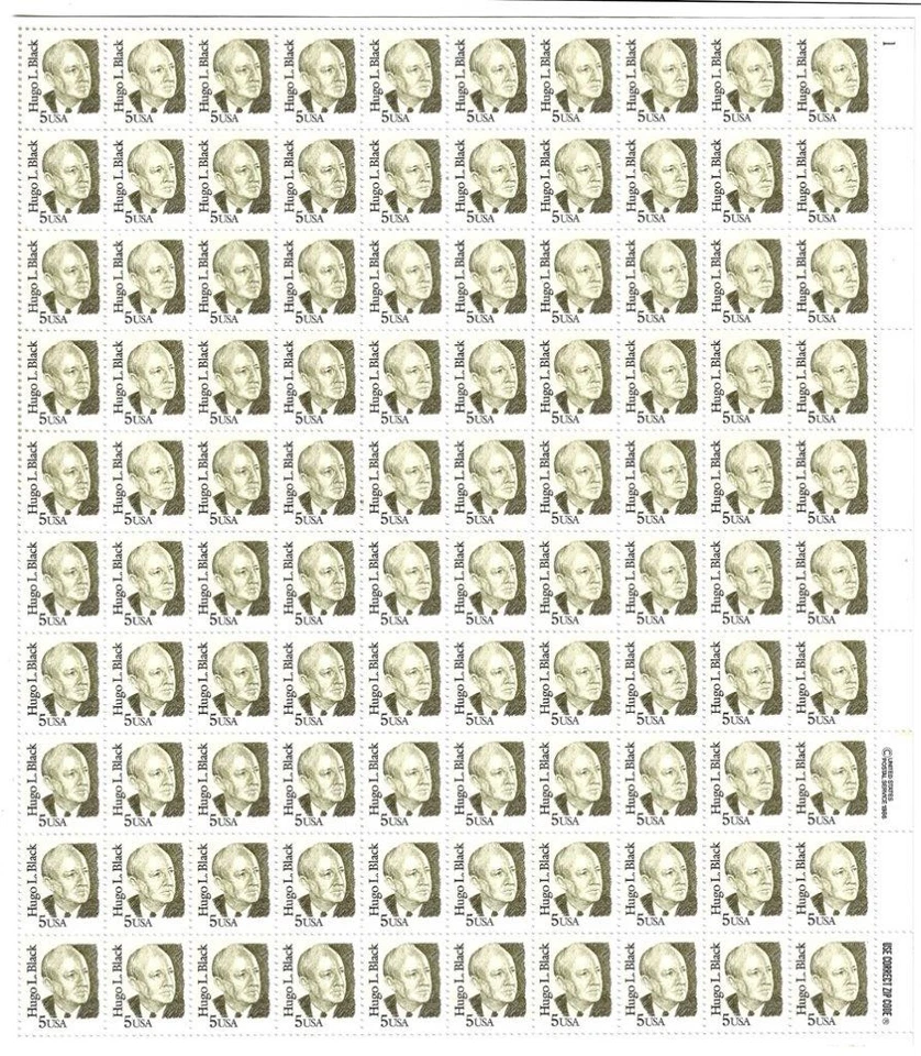 US SCOTT 2172 SHEET (PANE) OF 100 HUGO L BLACK STAMPS 5 CENT FACE MNH - Image 1 of 1