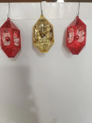 Set 3 Vintage Jewel Brite Plastic Diorama Christmas Ornaments Bells & Pointsetta - Image 1 of 3