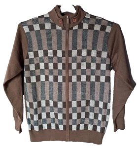 LUXTON Full Zip Sweater Men's Long Sleeve Size M Brown, White, Black, Rare Find - Picture 1 of 10