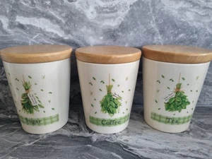 VINTAGE CLOVERLEAF TEA COFFEE SUGAR SET HERB DESIGN JARS CANISTER STORAGE - Picture 1 of 6
