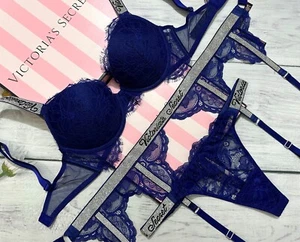 Victoria’s Secret Push-up-BH Strumpfband Set Glanz Träger Spitze Strass 3-teilig Ozean - Bild 1 von 13
