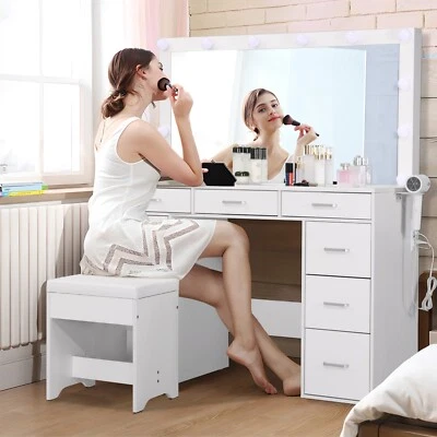9 gavetas penteadeira penteadeira com faixa elétrica e cadeira, 3 modos brilho ajustável - Imagem 1 de 4