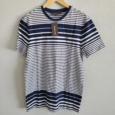 Camiseta Michael Kors Para Hombres Blanca Azul Marino Rayas Algodón Talla Pequeña  Foto 1 de 4