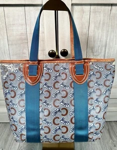 Celine Macadam Pattern Shoulder Bag Tote Authentic Brown Logo Aqua Handles - Picture 1 of 23