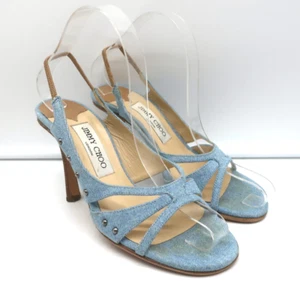 Jimmy Choo Studded Denim Slingback Sandals Size 37 Open Toe Heels - Picture 1 of 11
