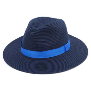 Sun Straw Fedora Beach Hat Summer Panama Cap UPF50+ for Women Men Blue Ribbon
