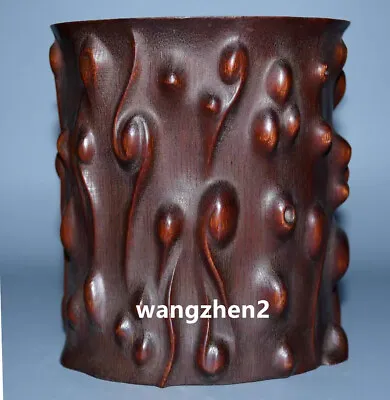 Chinese Wood Brush Pot Natural Bamboo Carving Pen Holder With Relief Pattern • 81.77$
