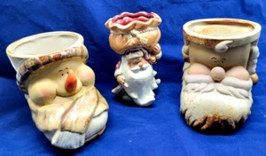 Christmas  Ceramic Pottery Santa Claus & Snowman Head Planter (set of 3) - Picture 1 of 8