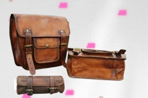 Combo Of Brown Vintage Leather 3 Saddle Bag Motorcycle Panniers Side Tool Bag - Bild 1 von 10