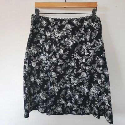 Y2K JKLA Black Floral Skirt XL Vintage Womens White Cotton Side Zipper Grunge - Image 1 of 4