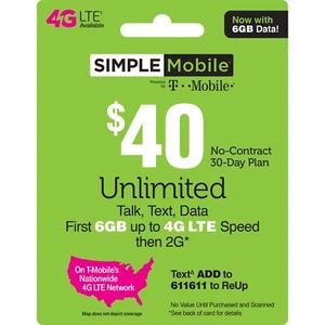 SIMPLE MOBILE Prepaid 40 USD Doładowanie Karta przedpłacona, PIN / DOŁADOWANIE  - Zdjęcie 1 z 1