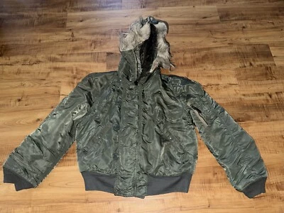 Vintage 1960s Vietnam N2B Coyote Fur Hood Green Bomber Flight Jacket Large - Image 1 of 4
