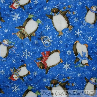 BonEful FABRIC FQ Cotton Quilt Blue White Ice Glitter Snowflake Penguin Xmas Hat - Image 1 of 4