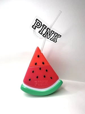 Victorias Secret 粉色西瓜饮料杯 + 标志草编海滩游泳池夏季可爱 — 第 1/3 张图片