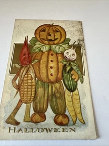ANTIKE ORIGINAL HALLOWEEN POSTKARTE GEMÜSE MÄNNER VERSCHICKT 1912 JACK-O-LANTERN ALT - Bild 1 von 3