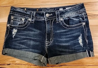 Miss Me Denim Shorts 27 Blue Jean Bling Embellished Pockets Distressed Cut Offs - Image 1 of 4