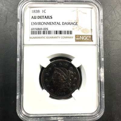 1838 1C Coronet Head Cent NGC, AU Details, Environmental Damage (85379) - Image 1 of 2