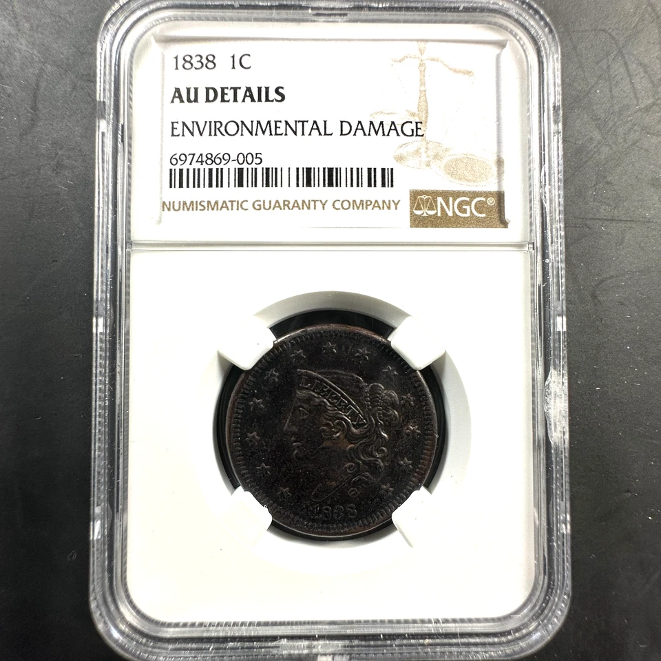 1838 1C Coronet Head Cent NGC, AU Details, Environmental Damage (85379) - Image 1 of 2