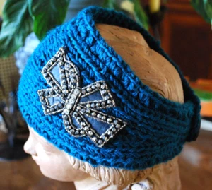 Vintage Ladies KNIT HEADBAND HAT Teal Blue/ Rhinestone Bead BUTTERFLY Adjustable - Picture 1 of 12