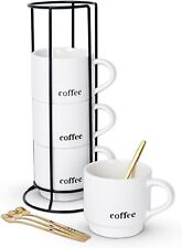 Lareina Porcelain Stackable Coffee Mug Set With Rack and Spoons, Matte White 