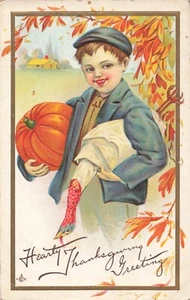 1912 Postcard - Boy Taking Home Turkey & Pumpkin for Thanksgiving Day Meal - Picture 1 of 2