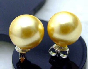 AAA 10MM Round Gold Sea Shell Pearl Earrings for Women Jewelry Silver S925 Stud - Picture 1 of 30