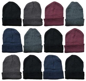 12 PK Winter Beanie Hats, Stretch Unisex Cuffed Plain Hat Assorted (Pack A) - Picture 1 of 5