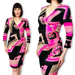 Vintage LEONARD 1970s Style Pink Striped Geometric Print Silk Jersey Dress 90s - Picture 1 of 12