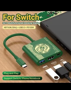 Nintendo Switch OLED 3-in-1 Type-C Hub Adapter USB-C to USB 3.0 HDMI Green/Gold - Picture 1 of 6