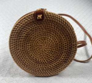 Damen geflochten rund Rattan Tasche Korb Stroh Handtasche Crossbody braun tropisch Boho - Bild 1 von 7