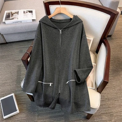 MARKENLOS Übergröße Damen Fleece Kapuzenjacke Herbst Jacke Lose Freizeitjacke mit Taschen