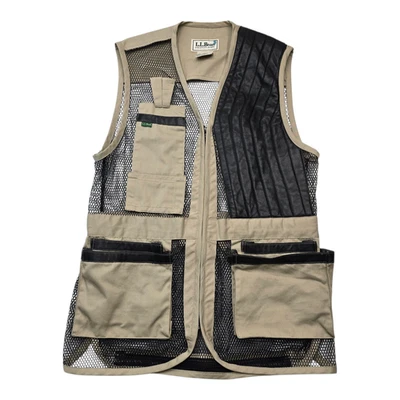 LL Bean Mens L Hunting Shooting Mesh Vest Full Zip Padded Leather Shoulder - Image 1 of 4