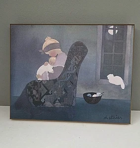 Diane Ethier Leinwandbild auf Holz Mutter & Kind, weiße Katze Mondschein signiert - Bild 1 von 11