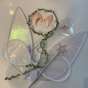 White Fairy Angel Wings Halloween + Ears, Wand, Face Crystals & Flower Crown - Picture 1 of 7