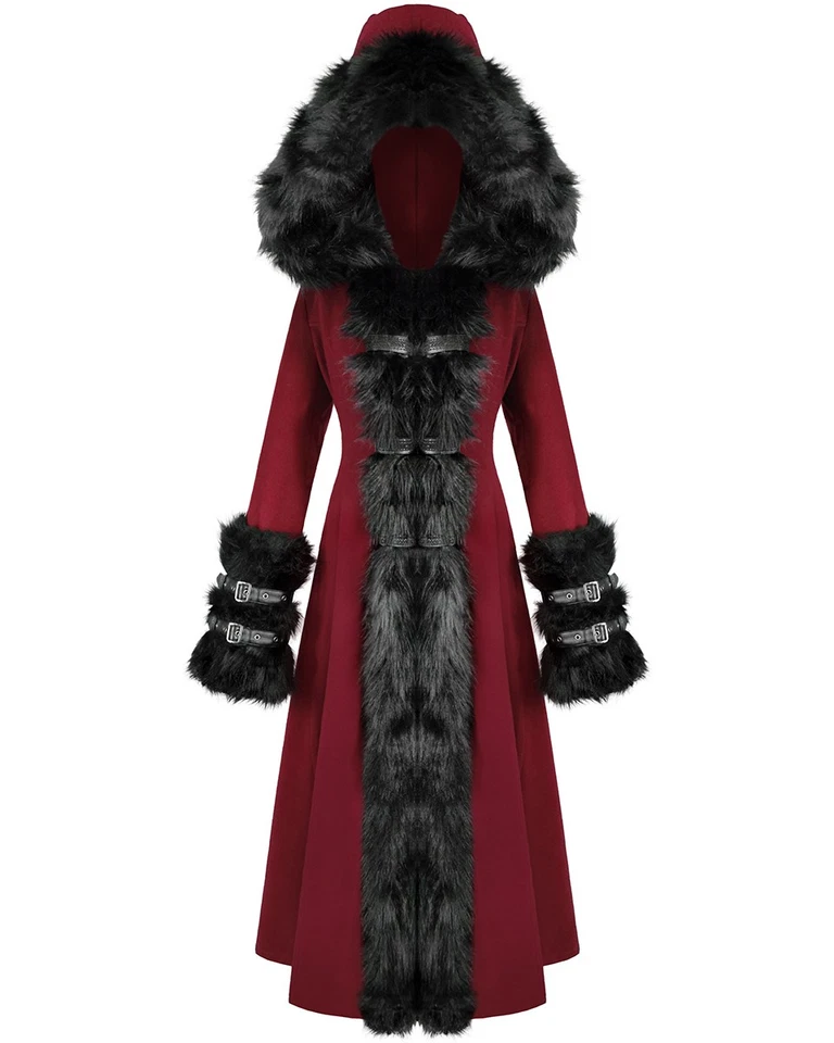 Devil Fashion Womens Long Gothic Lolita Hooded Winter Coat Red Black Faux Fur - Image 1 of 4