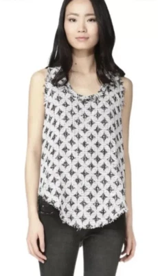 Camiseta sin mangas IRO Heben tejida a mano con flecos cuello redondo/dobladillo geo diamante azul marino/blanco talla 36 Foto 1 de 4