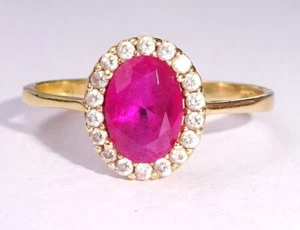 9ct Gold Ruby & CZ Halo Ring, Size N1/2 - Picture 1 of 12