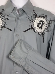 ROAR Mens LG Shirt 48" Gray Black White Rhinestone Embellished Rockabilly - Picture 1 of 11
