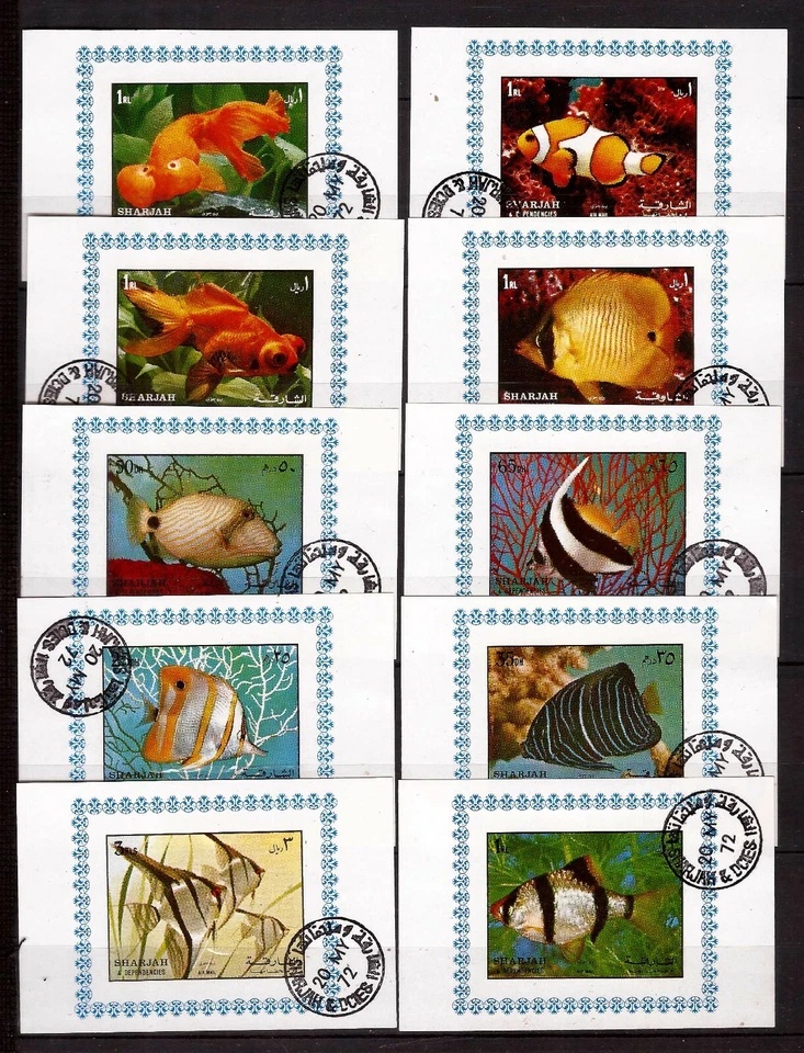 ZY2228 SHARJAH 10 blocs-feuillet oblitérés : poissons d'aquariums - Photo 1/1