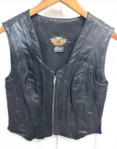 Harley-Davidson Women’s Large Genuine Leather Vest Zip Lined Interior Black USA - Picture 1 of 16