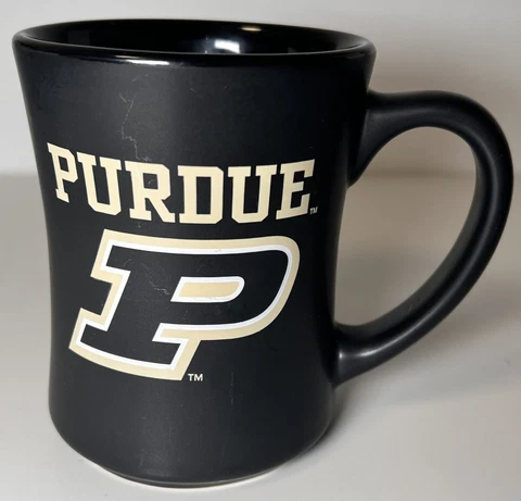 *PURDUE  "P " -  BOILER UP Black Matte Ceramic Stoneware 16 oz. Mug Cup EUC Cover
