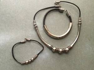 Vtg SET Stainless Steel & Leather Cord Necklace 15.5’ & 2 Bracelets 7.5’ Unisex - Picture 1 of 5