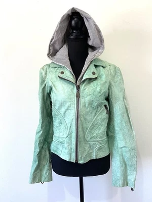 Doma Size M Teal Leather Moto Jacket Striped Black & White Removable Hood - Image 1 of 4