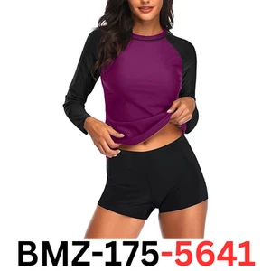 Daci Womens Dark Purple Two Piece Rash Guard Long Sleeve UV UPF 50+ Swimsuits, M - Picture 1 of 6