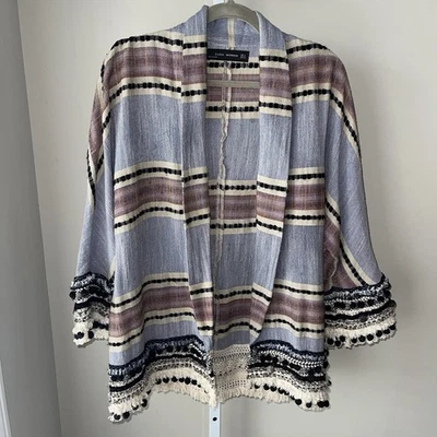 Zara Woman Boho Striped Fringe Kimono Jacket Size Small - Image 1 of 4