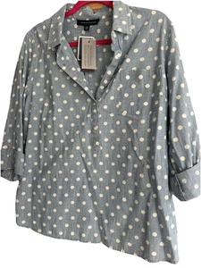 BNWT Tommy Hilfiger Denim Blue & White Polka Dot Long Roll-up Sleeves Size XL - Picture 1 of 4
